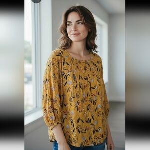 🌞Floral Yellow with Navy Blue & Pink 3/4 Sleeve Blouse